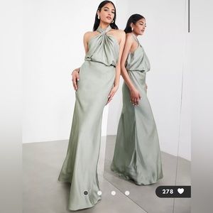 ASOS satin ruched halter neck maxi dress in sage green - bridesmaid dress